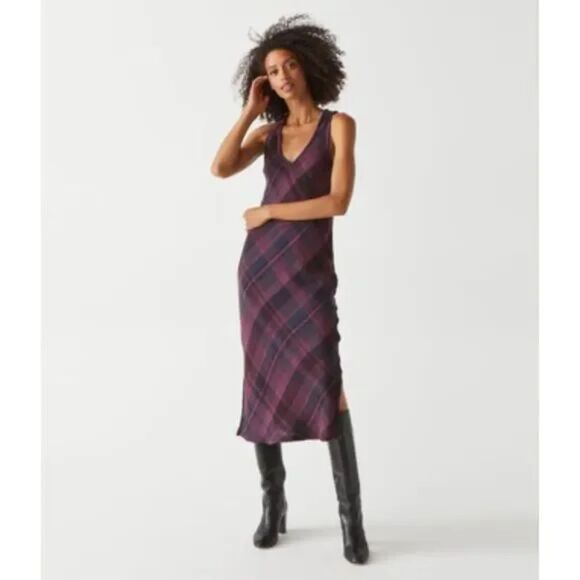 MICHAEL STARS Libbie Plaid Midi Dress In Plum | Size M - Picture 1 of 6